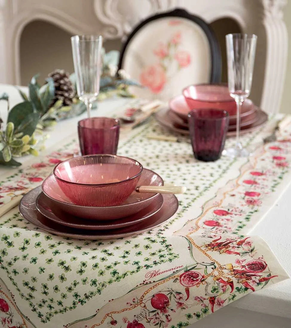 Runner Buon Augurio Blumarine con Fiori Rosso 50x150 cm 100% Lino